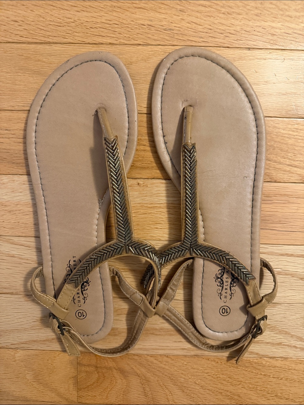 Charles Albert Tan Braided T-Strap Sandals